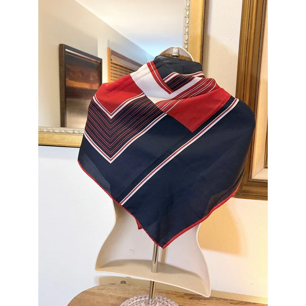 Leonardi Scarf Navy Blue Red White Geometric Square Vintage 30x30